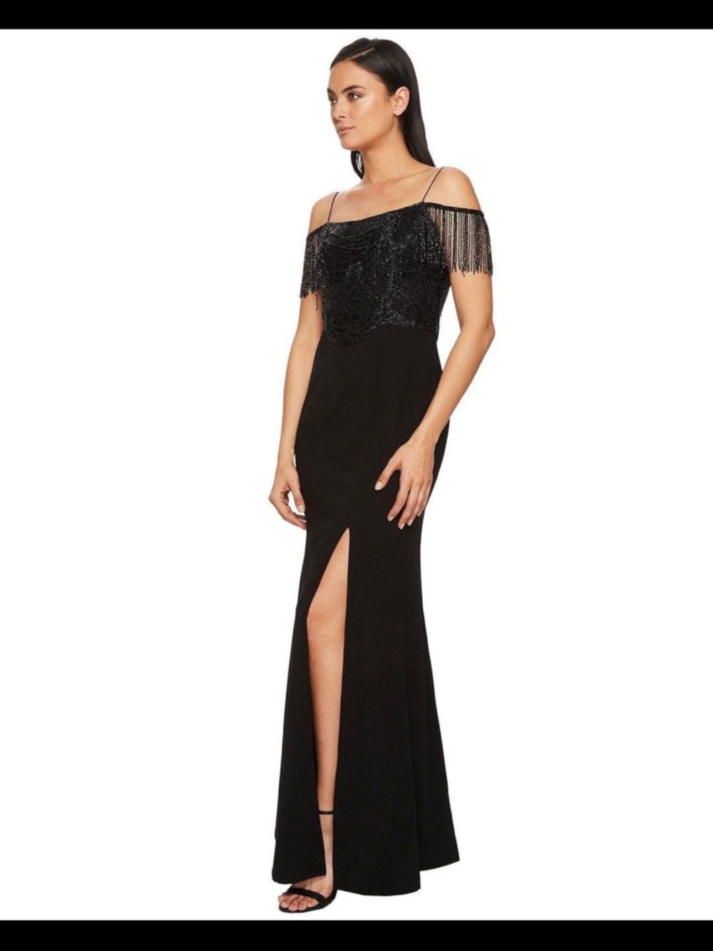 Roaring 20s Beaded Fringe Off-Shoulder Adrianna Papell Prom Formal Gown